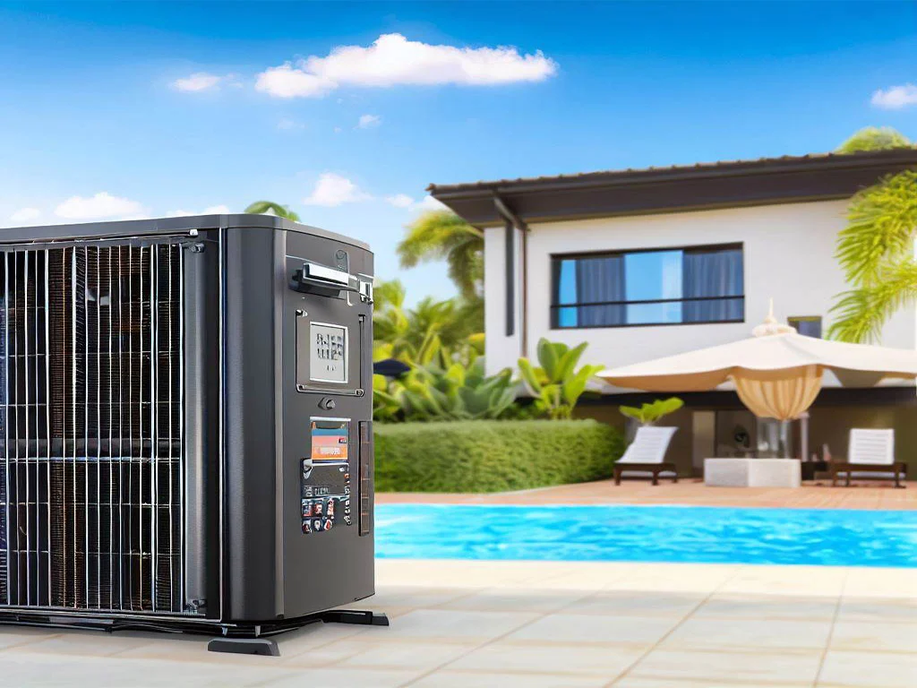Bomba de calor enfrente de piscina